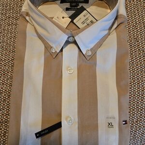 Tommy Hilfiger Men's Tan and White Striped Dress Shirt